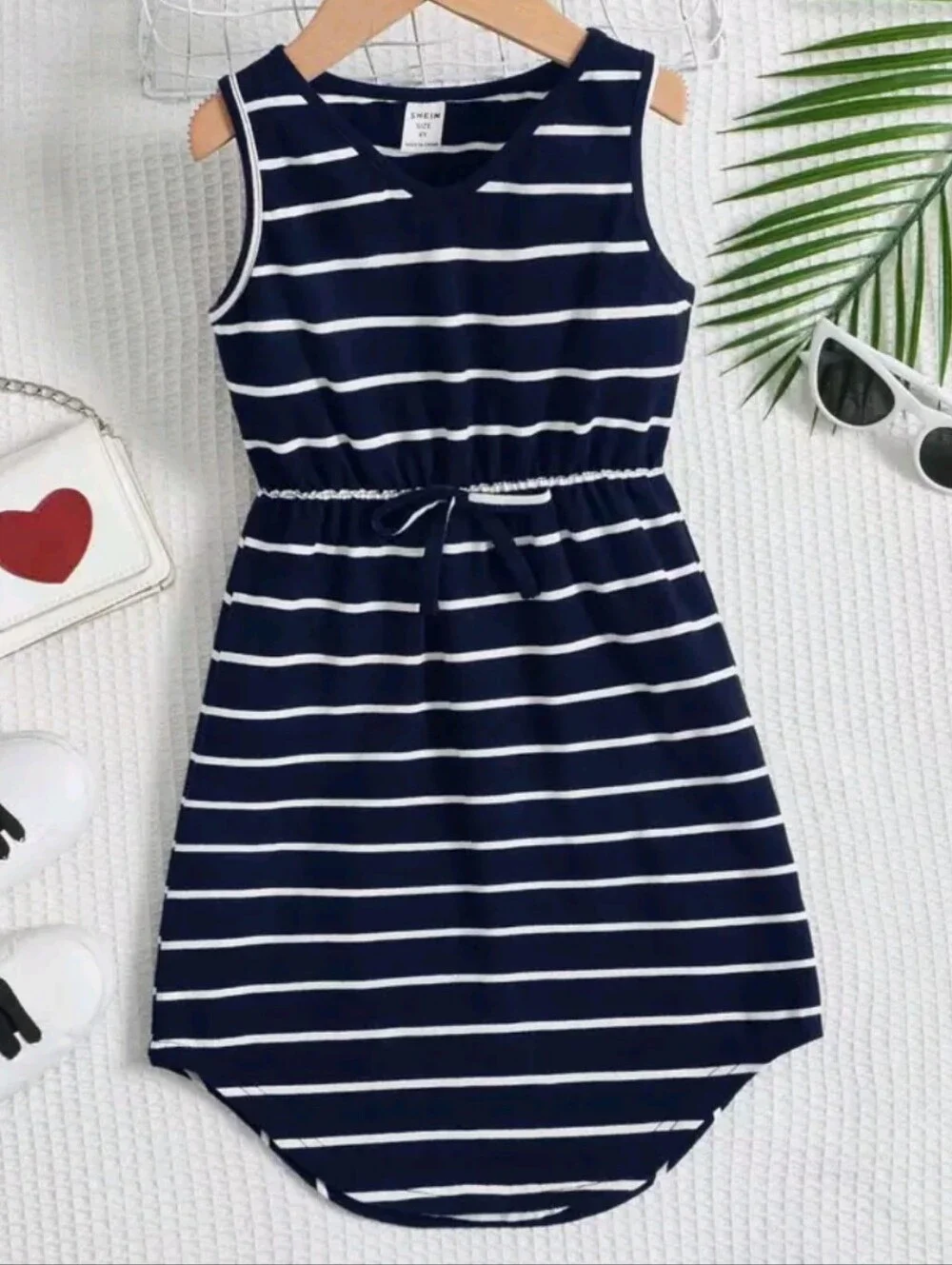 Girls Navy Striped Knot Front Curved Hem Dress (Size 7)
